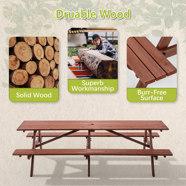 English Elm Extra Extra Large 95-Inch Fir Wood Picnic Table Set with Benches, 12-Person Rustic Brown Patio Table with Umbrella Hole, Durable Backyard Furniture 94.5" x 50.4" x 23.6" W1422P354884