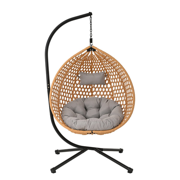 English Elm U_STYLE Sturdy Hammock Chair with HDPE Rattan Weave, Rust-Resistant Chain, Soft Removable Cushion Brown+Yellow,Grey N711P255131S