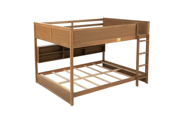 English Elm Queen Over Queen Floor Bunk Bed with Built-In Storage Shelves, USB Charging Station, Solid Pine Frame, Safety Rails and LadderDesigned for Space Saving and Modern Bedrooms Wheat W504S00259