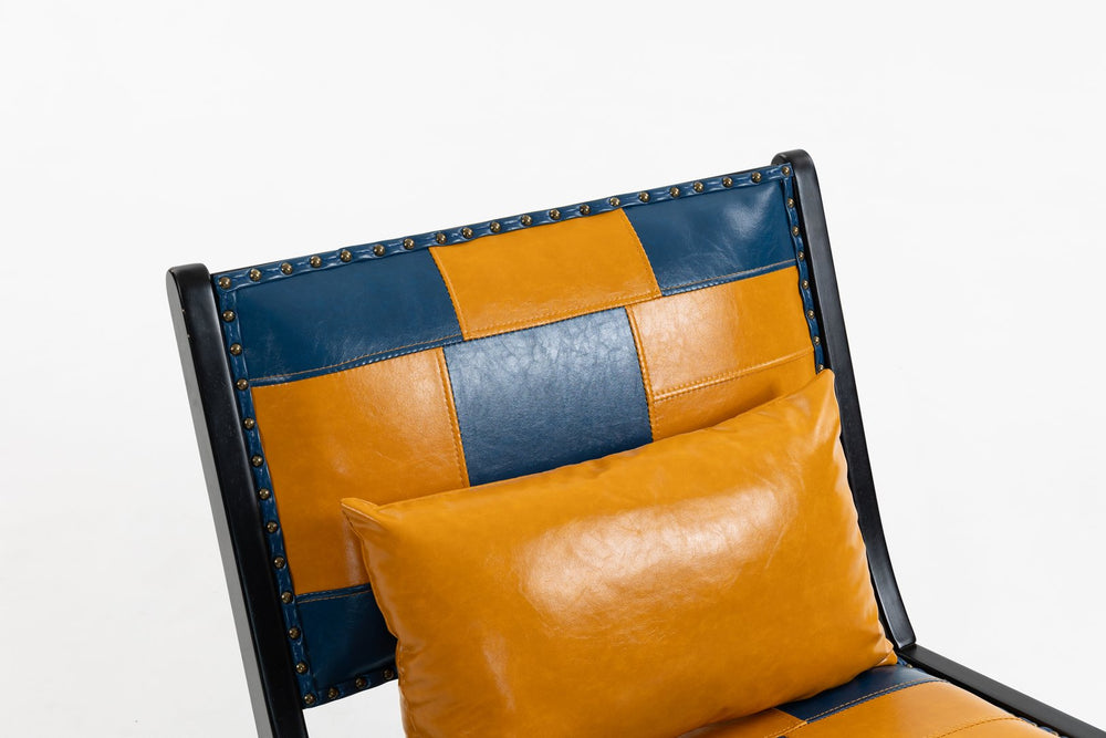 English Elm Modern Mid Century Boho Accent Chair for Living Room — Scandinavian PU Leather, Solid Wood Frame, Cozy Recline Blue+Yellow W2530P365065