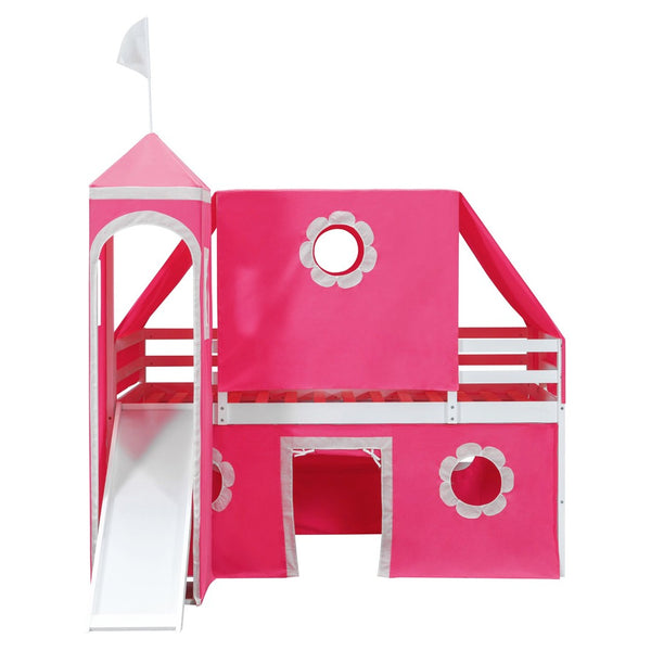 English Elm Twin Castle Loft Bed with Slide Tent Tower and Play Space for Kids Rooms Pink N708P249511H