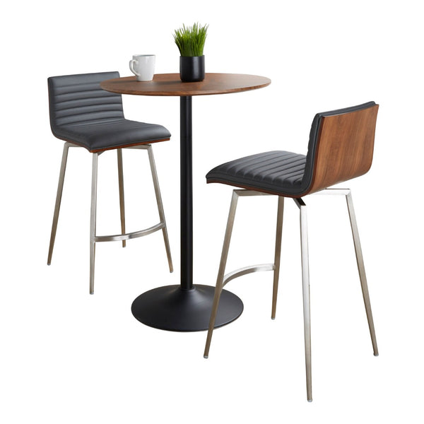 English Elm - Mid-century Modern 3 Piece Counter Bar Set Swivel Stools Walnut Faux Leather Grey B202S01417