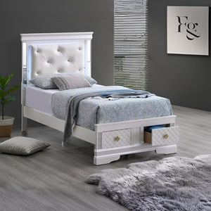English Elm Verona Twin Bed With Jeweled Headboard, Led Lighting & Storage Drawers - Elegant Pearl White Design B078S00643-GIGA