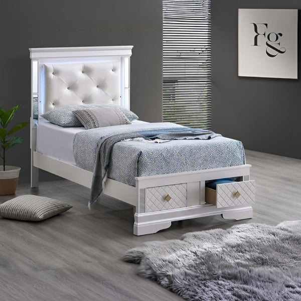 English Elm Verona Twin Bed With Jeweled Headboard, Led Lighting & Storage Drawers - Elegant Pearl White Design B078S00643-GIGA