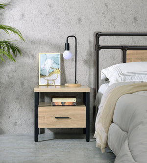 English Elm Yawan Oak Accent Table with Black Metal Legs, 1 Drawer & Shelf, Compact Storage Nightstand, 40lb Top B2726P287569