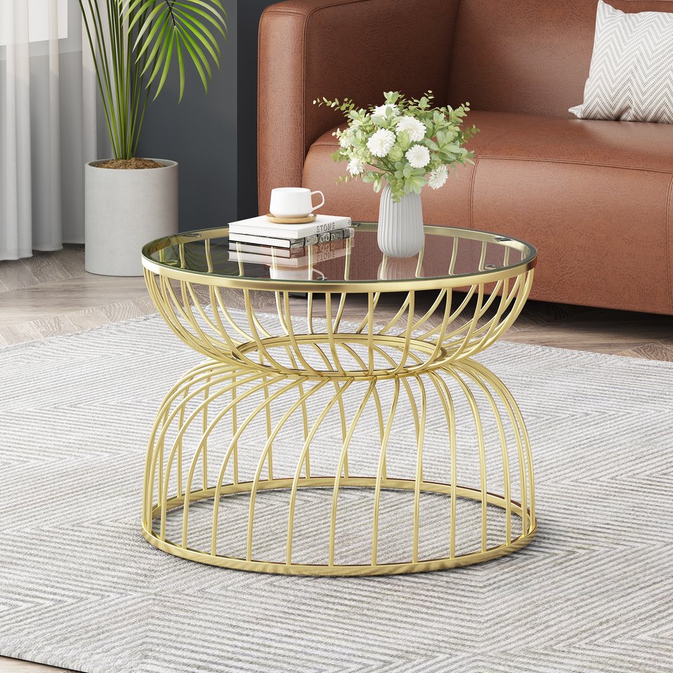 English Elm Christopher Knight Home® - Golden Glass Coffee Table with Gold Metal Frame, Tempered Glass Top, Modern Hollowed Design, Sturdy N770P195639G