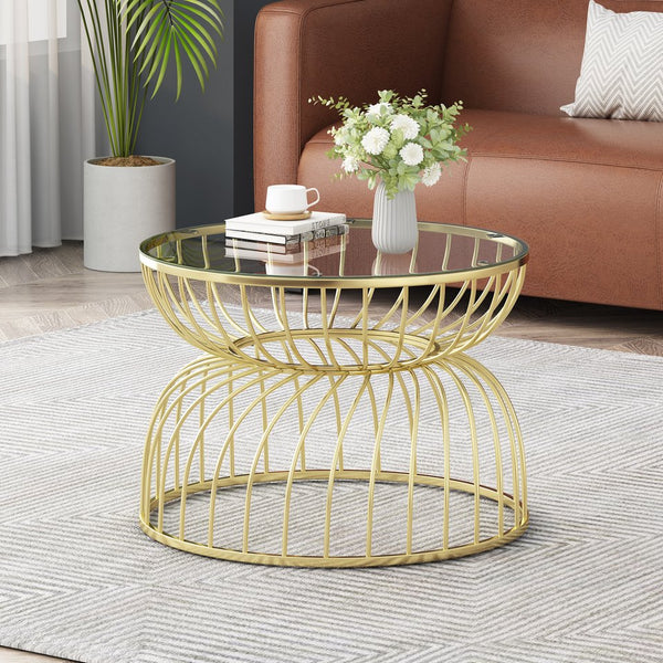 English Elm Christopher Knight Home® - Golden Glass Coffee Table with Gold Metal Frame, Tempered Glass Top, Modern Hollowed Design, Sturdy N770P195639G