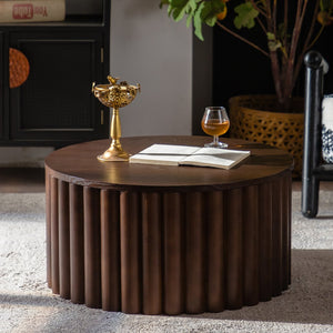 English Elm Round Lift Coffee Table with Hidden Storage and Smooth Hydraulic Raise, Solid MDF Pine Build Walnut W3081P360272