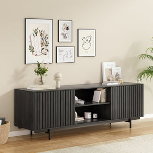 English Elm Modern Low Profile Media Console with Open Shelving and Concealed Cabinet Storage Black T3623P434816