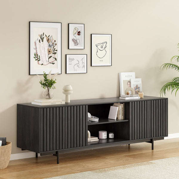 English Elm Modern Low Profile Media Console with Open Shelving and Concealed Cabinet Storage Black T3623P434816