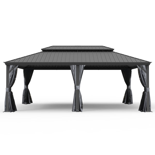 English Elm 14' X 24' Hardtop Gazebo - Durable Metal Canopy With Drainage, Insect Protection, And Privacy Curtains W1859S00155