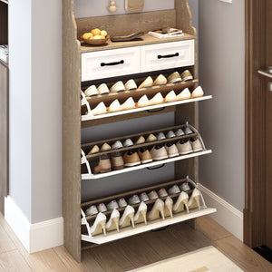 English Elm NEW Oak shoe cabinet with 3 drop-down doors, 2 drawers & hanger — slim MDF storage for hallways (54.7x21.8x7.5) W1320P236453