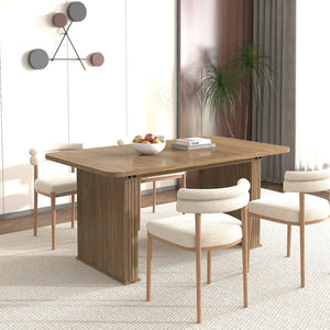 English Elm Modern Beige Brown Dining Table for 6-10 with Double Pedestal, Vertical Stripe MDF Top, Sturdy Design W1347S00012