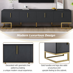English Elm ON-TREND Modern TV Stand with Geometric Doors, Gold Metal Base, Adjustable Shelves & Cable Management Black+Gold WF325614AAB