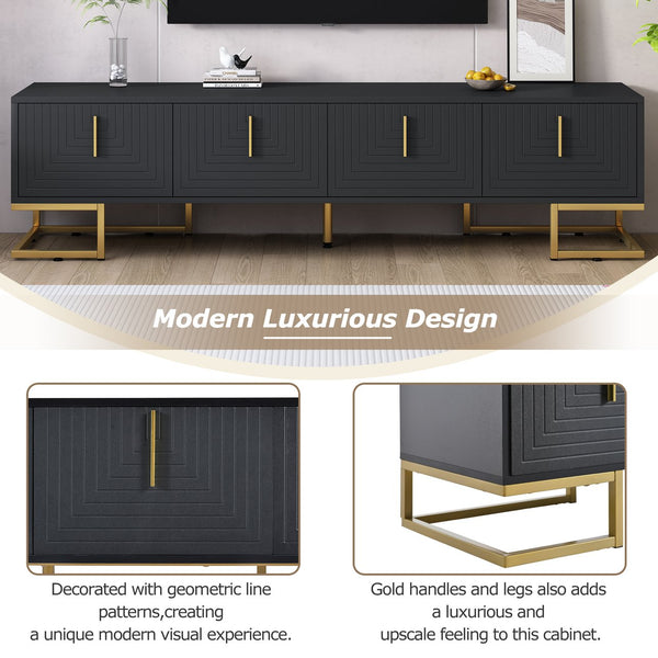English Elm ON-TREND Modern TV Stand with Geometric Doors, Gold Metal Base, Adjustable Shelves & Cable Management Black+Gold WF325614AAB