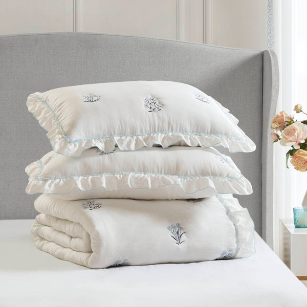 English Elm 3-piece Floral Embroidered Quilt Set Ruffled Trim Romantic Bedding for Full Queen Beds White+Blue B035P463190