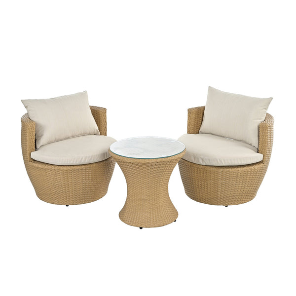 English Elm Christopher Knight Home® - KONO 3PC Outdoor Boho Faux Wicker Chat Set with Tempered Glass Table, Beige Cushions, Durable Elegance N775P245731B