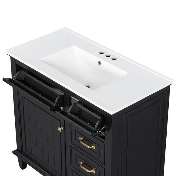 English Elm 36 Inch Bathroom Vanity With Ceramic Sink Top, Solid Wood Frame & Smart Storage Solutions For Style N725P336554B