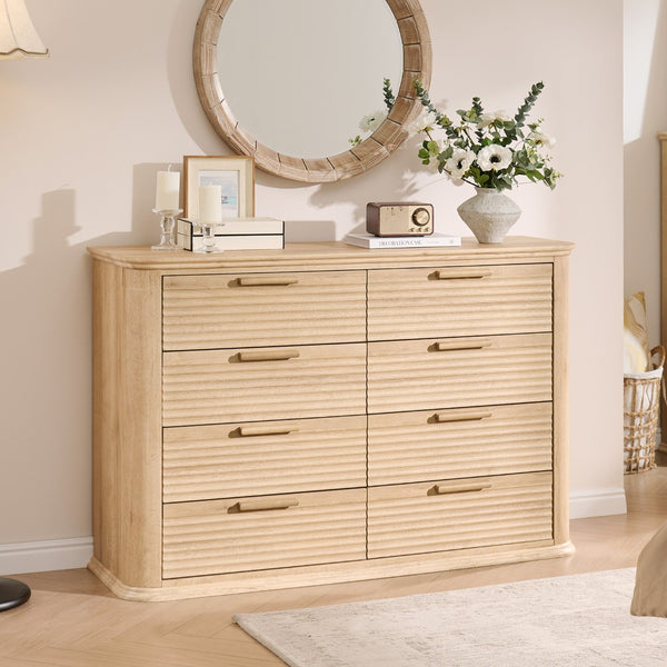 English Elm Fluted Wave Panel 7 Drawer Mdf Dresser Modern Bedroom Storage with Tv Stand Top Oak T5326P425100