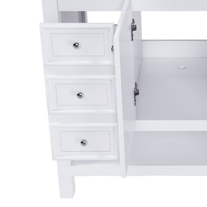 English Elm 36-inch white bathroom vanity without sink — solid wood frame, 1 cabinet, 3 drawers, quiet hardware, shelf W509P347341