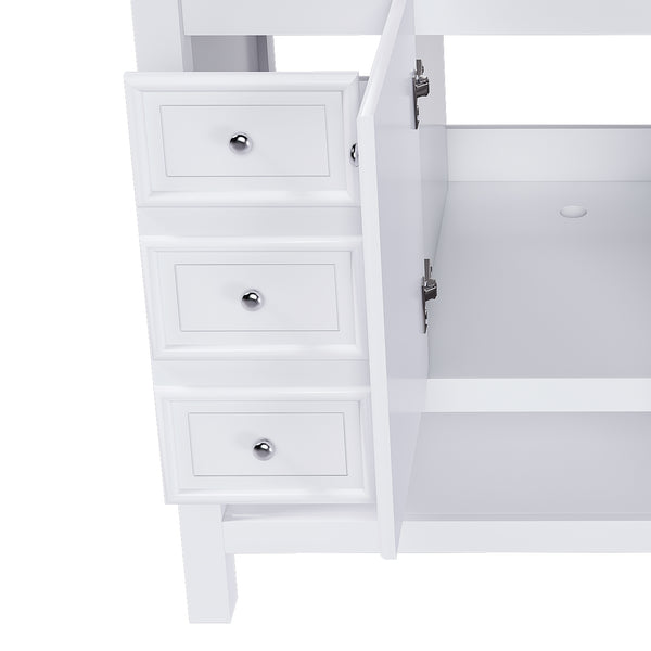 English Elm 36-inch white bathroom vanity without sink — solid wood frame, 1 cabinet, 3 drawers, quiet hardware, shelf W509P347341