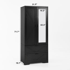 English Elm 2 Door Wardrobe Closet with Full Length Mirror Motion Light Hanging Rod and Drawers Black W409P266778