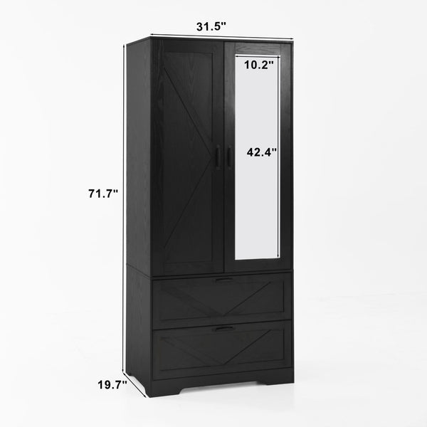 English Elm 2 Door Wardrobe Closet with Full Length Mirror Motion Light Hanging Rod and Drawers Black W409P266778
