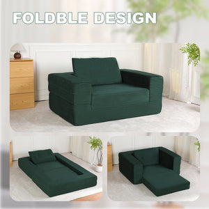 English Elm Compression Human Dog Sofa Bed 3-in-1 Folding Corduroy Floor Couch with Memory Foam Pillow for Living Room Dark Green W3723P376786