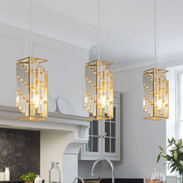 English Elm 4" Modern Crystal Pendant Light 3-Pack – Adjustable Hardwired Hanging Fixture with Prism Shades for Dining, Kitchen, Living Room Gold W2312P389947