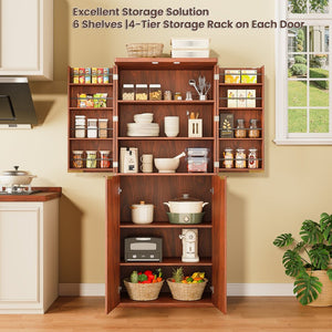 English Elm 72" Fluted Pantry Cabinet Tall Freestanding Kitchen Organizer with Sculpted Wood Doors Walnut W1820P379273