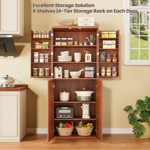 English Elm 72" Fluted Pantry Cabinet Tall Freestanding Kitchen Organizer with Sculpted Wood Doors Walnut W1820P379273