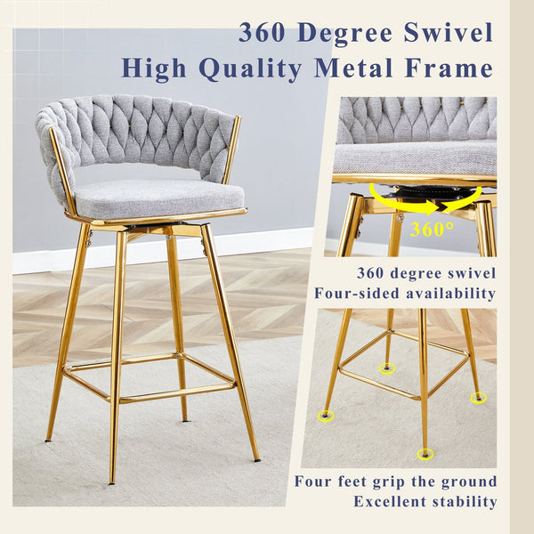 English Elm A set of four rotating bar stools with breathable cotton-linen cushions, 360° swivel, durable metal frame, retro flair Light Gray W2920S00061