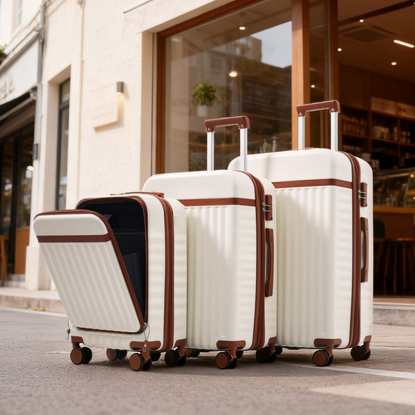 English Elm Luggage 3 Piece Abs Hard Shell Set with Usb Port Front Access and Spinner Wheels White N726P307555O