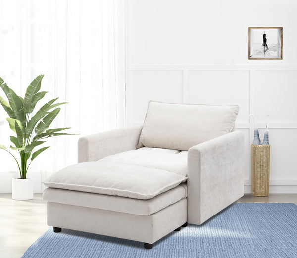 English Elm Chenille Plush Sofa Bed with Ottoman — Space-Saving Modern Single Couch, Stain-Resistant Beige Lounge (1-Seat) W1117S00278