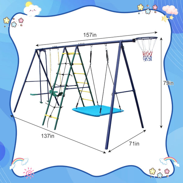 English Elm 6 Activity Steel A-frame Backyard Swing Set with Hammock Glider Climbing Net Hoop W1408P367264