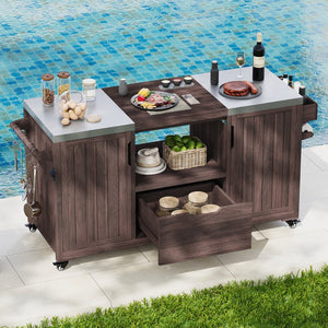 English Elm K&K 66.5" Outdoor Kitchen Island with 1.2" Stainless Steel Top, Ample Storage, Wheels & Bottle Opener Brown N707P250629Z