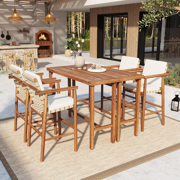 English Elm 6 Piece Acacia Wood Outdoor Bar Set with Cushioned Stools for Patio Poolside Dining N704G201254A