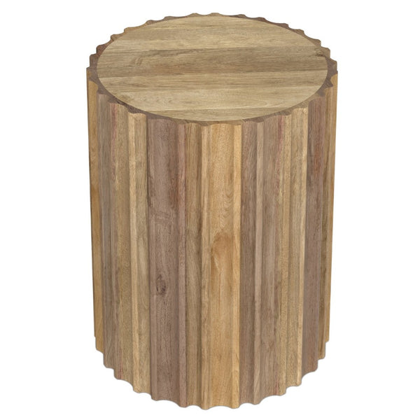 English Elm Rolf Solid Mango Wood Drum Side Table Hand Carved Fluted Sculptural Natural Finish B136P420284