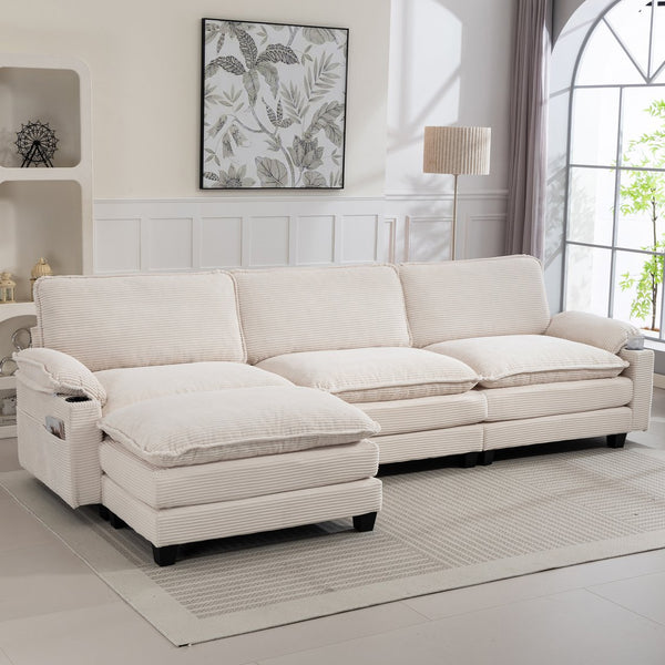 English Elm 113" Modern 3+1 L-Shaped Corduroy Sofa with Double-Layer Cushions, Cup Holders & Storage Bags Beige W2715S00005