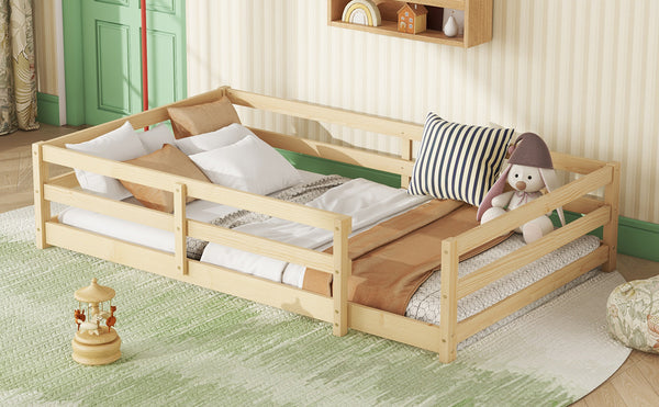 English Elm Twin Pine Montessori Floor Bed for Kids with Safety Fence, Low Profile Twin Frame, Natural Finish W1820P331919