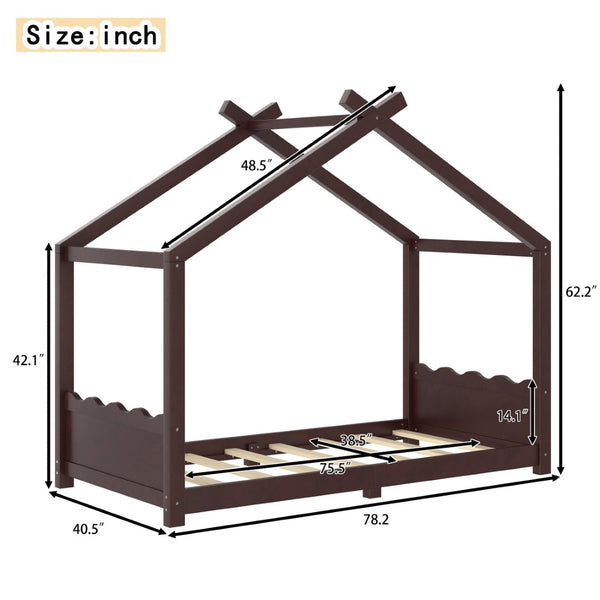 English Elm Twin House Frame Floor Bed Solid Pine Kids Room Montessori Low Profile Play Nook Espresso W1580P387837