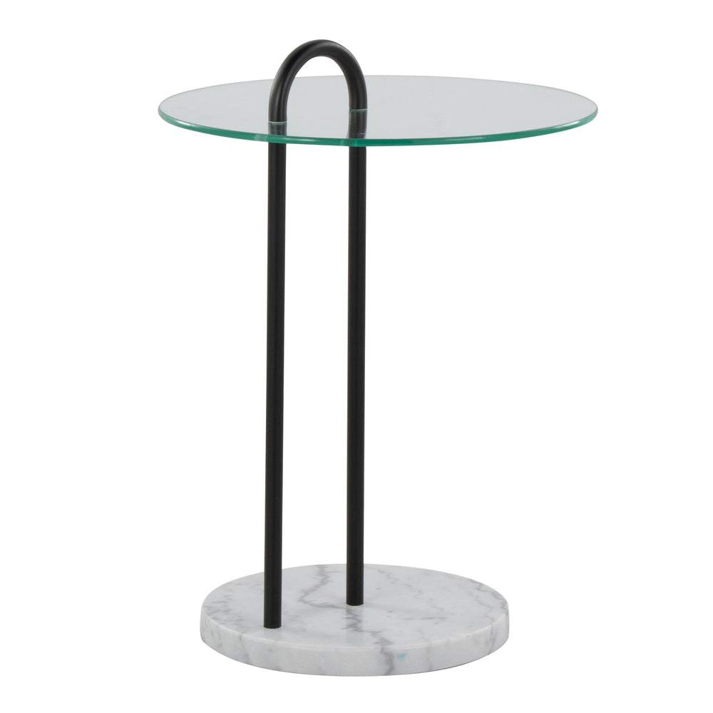 English Elm Claire Chic Marble Side Table with Clear Glass Top, Black Metal Frame, Contemporary Glam Accent Piece B202P223385