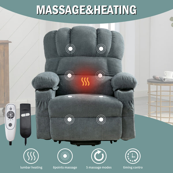 English Elm Power Lift Recliner Chair with Massage Heating Fleece Leather and Usb for Elderly Blue W1807P298856