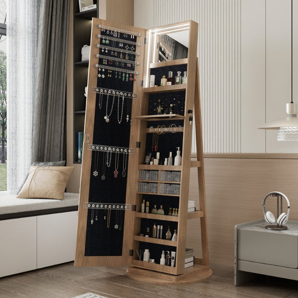 English Elm 360°swivel Jewelry Armoire with Led Interior Full Length Mirror Walnut Finish W3406P422682