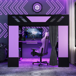 English Elm Full Size Loft Bed with Desk Blackout Curtains Rgb Lighting and Integrated Storage Purple+Black LT000377AAI