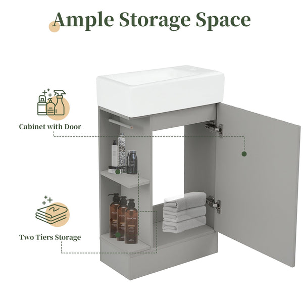 English Elm 18.6" Bathroom Vanity with Sink and Ceramic Top, MDF Cabinet with Door, TP Holder & Shelf Grey N725P212181E
