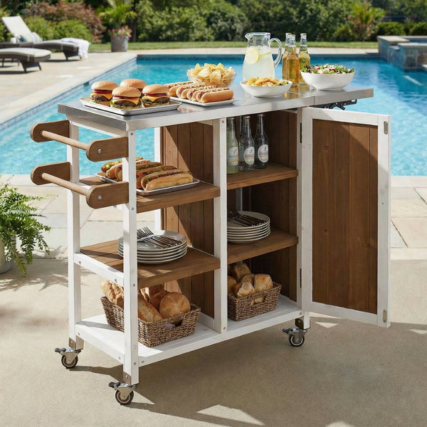 English Elm Foldable Outdoor Kitchen Cart with Stainless Worktop Fir Wood Frame and Lockable Wheels Brown+White N719P380281Z