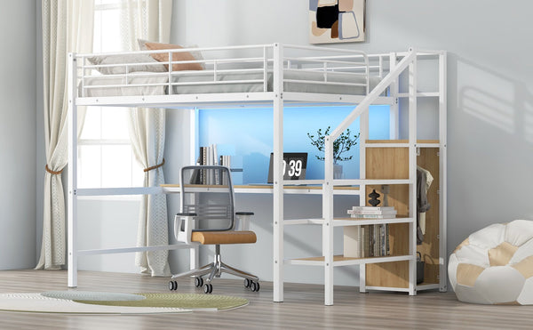 English Elm Full Size Metal Loft Bed With Desk, Storage Staircase, Wardrobe & Led Light For Small Spaces GX000620AAK-1