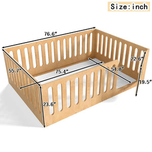 English Elm Twin Solid Pine Montessori Floor Bed with House Frame Door and Safety Fence Natural W5305P420636