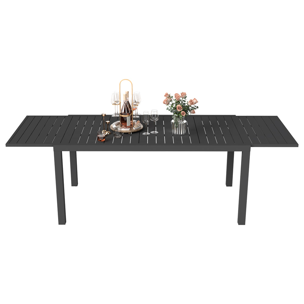 English Elm 97.2"L Extendable Aluminum Outdoor Dining Table with Rust-Resistant E-Coating and Adjustable Legs Black W1859P359697